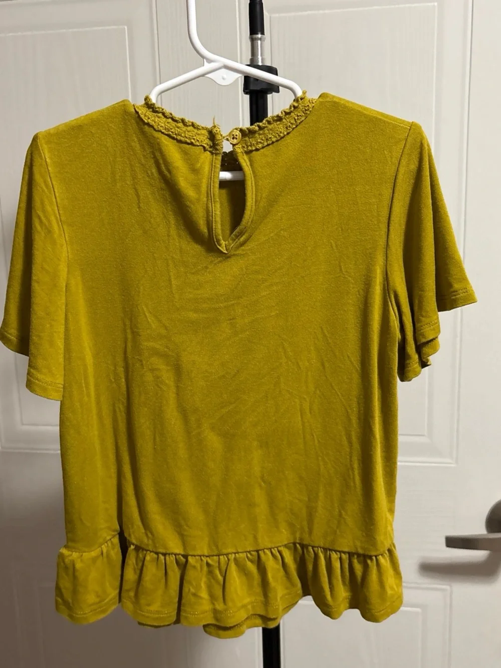 art class Mustard Yellow Crochet Yoke Flutter Sleeve Top